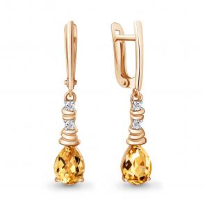 Серьги из золочёного серебра AQUAMARINE с фианитом и цитрином А45028806А-п фото