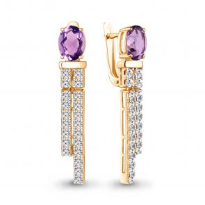 Серьги из золочёного серебра AQUAMARINE с фианитом и аметистом А45034204А-п фото