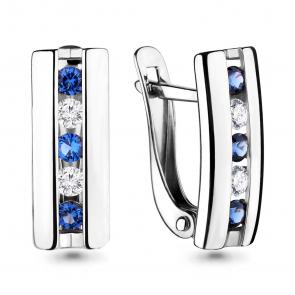 Серебряные серьги AQUAMARINE с фианитом и гидротермальным сапфиром А46112АБ фото
