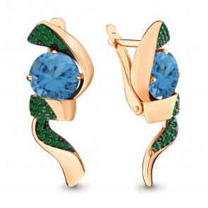 Серьги из золочёного серебра AQUAMARINE с гидротермальным изумрудом и турмалином А4702188Г-п фото