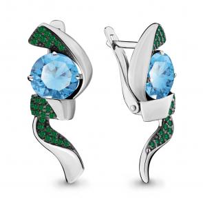 Серебряные серьги AQUAMARINE с гидротермальным изумрудом и турмалином А4702188Г фото