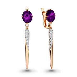 Серьги из золочёного серебра AQUAMARINE с фианитом и аметистом А4702484А-п фото