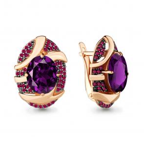 Серьги из золочёного серебра AQUAMARINE с аметистом и рубиновым корундом А4703284В-п фото