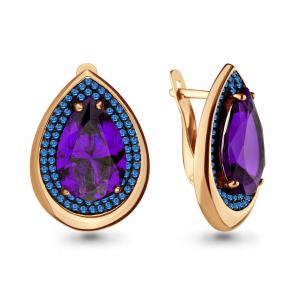 Серьги из золочёного серебра AQUAMARINE с аметистом и гидротермальным сапфиром А4703384Б-п фото