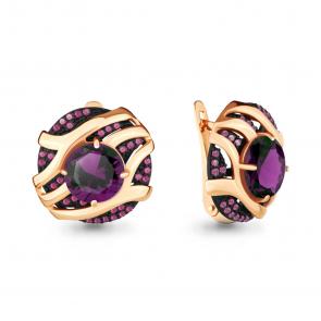 Серьги из золочёного серебра AQUAMARINE с аметистом и рубиновым корундом А4703784В-п фото
