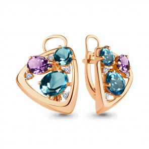 Серьги из золочёного серебра AQUAMARINE с фианитом, аметистом, миксом камней и Лондон топазом А4706732А-п фото