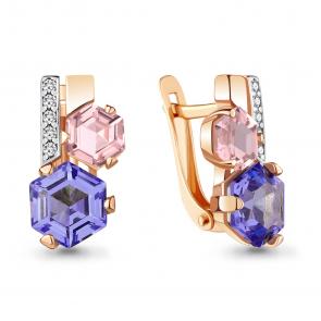 Серьги из золочёного серебра AQUAMARINE с фианитом, танзанитом и морганитом А47400607А-пк фото
