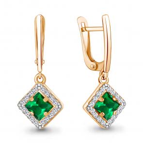 Серьги из золочёного серебра AQUAMARINE с фианитом и гидротермальным изумрудом А47748АГ-п фото