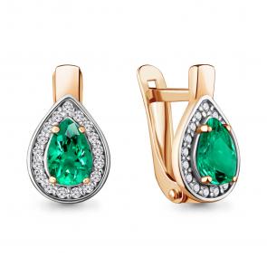 Серьги из золочёного серебра AQUAMARINE с фианитом и гидротермальным изумрудом А48232АГ-пк фото