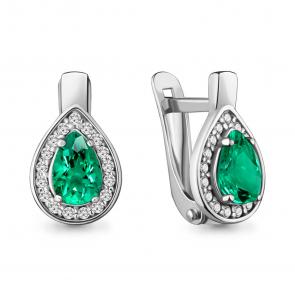 Серебряные серьги AQUAMARINE с фианитом и гидротермальным изумрудом А48232АГ фото