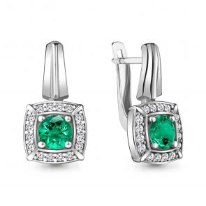 Серебряные серьги AQUAMARINE с фианитом и гидротермальным изумрудом А48356АГ фото