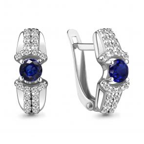 Серебряные серьги AQUAMARINE с фианитом и гидротермальным сапфиром А48686АБ фото