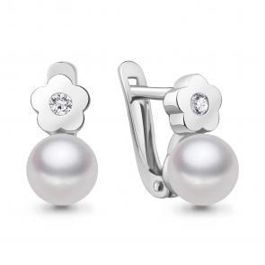 Серебряные серьги AQUAMARINE с фианитом и жемчугом А48871А фото
