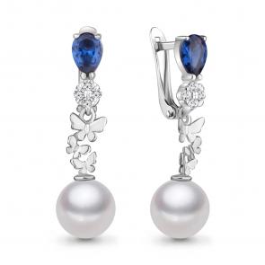 Серебряные серьги AQUAMARINE с фианитом, жемчугом и гидротермальным сапфиром А48933Б фото