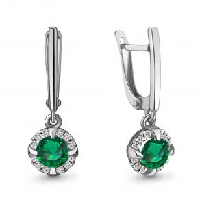 Серебряные серьги AQUAMARINE с фианитом и гидротермальным изумрудом А49300АГ фото