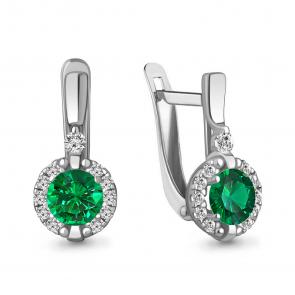 Серебряные серьги AQUAMARINE с фианитом и гидротермальным изумрудом А49301АГ фото