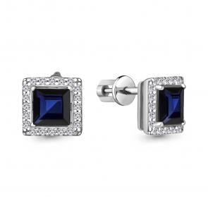 Серебряные серьги AQUAMARINE с фианитом и гидротермальным сапфиром А49367АБ фото