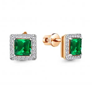Серьги из золочёного серебра AQUAMARINE с фианитом и гидротермальным изумрудом А49367АГ-п фото
