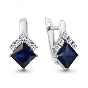 Серебряные серьги AQUAMARINE с фианитом и гидротермальным сапфиром А49373АБ фото