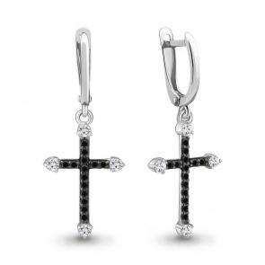 Серебряные серьги-кресты AQUAMARINE с фианитом и ювелирным кристаллом А49398АЧ фото