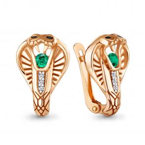 Серьги из золочёного серебра Символ года Змея AQUAMARINE с ювелирным кристалом и гидротермальным изумрудом и фианитом А49406АГЧ-п фото