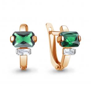 Серьги из золочёного серебра AQUAMARINE с фианитом и гидротермальным изумрудом А49814П-п фото