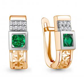 Серьги из золочёного серебра AQUAMARINE с фианитом и гидротермальным изумрудом А49863АГ-пк фото
