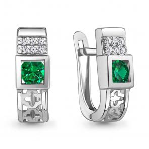 Серебряные серьги AQUAMARINE с фианитом и гидротермальным изумрудом А49863АГ фото