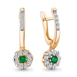 Серьги из золочёного серебра AQUAMARINE с фианитом и гидротермальным изумрудом А49944АГ-пк фото