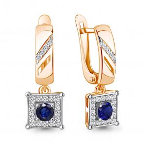 Серьги из золочёного серебра AQUAMARINE с фианитом и гидротермальным сапфиром А49984АБ-пк фото
