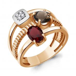 Кольцо из золочёного серебра AQUAMARINE с фианитом, гранатом и кварцем А65032136А-пк фото