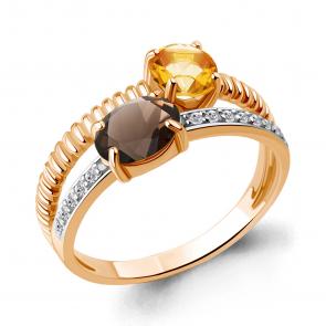 Кольцо из золочёного серебра AQUAMARINE с фианитом, цитрином и кварцем А65032635А-п фото