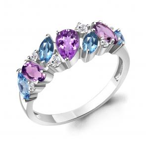 Серебряное кольцо AQUAMARINE с топазом, фианитом и аметистом А65034730А фото