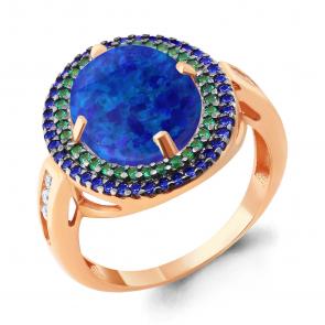 Кольцо из золочёного серебра AQUAMARINE с фианитом, опалом, гидротермальным сапфиром и гидротермальным изумрудом А6598695БГ-п фото