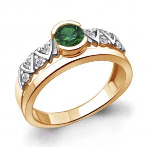 Кольцо из золочёного серебра AQUAMARINE с фианитом и гидротермальным изумрудом А66650АГ-пк фото