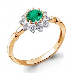 Кольцо из золочёного серебра AQUAMARINE с фианитом и гидротермальным изумрудом А67238АГ-п фото