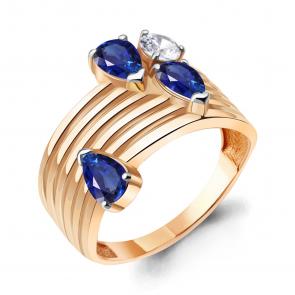 Кольцо из золочёного серебра AQUAMARINE с фианитом и гидротермальным сапфиром А67427АБ-п фото