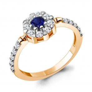 Кольцо из золочёного серебра AQUAMARINE с фианитом и гидротермальным сапфиром А67916АБ-пк фото