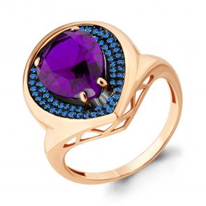 Кольцо из золочёного серебра AQUAMARINE с аметистом и гидротермальным сапфиром А6903384Б-п фото