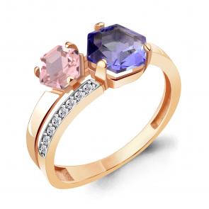 Кольцо из золочёного серебра AQUAMARINE с фианитом, танзанитом и морганитом А69310607А-пк фото