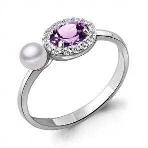 Серебряное кольцо AQUAMARINE с фианитом, аметистом и жемчугом А6962104А фото