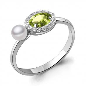 Серебряное кольцо AQUAMARINE с фианитом, хризолитом и жемчугом А6962107А фото