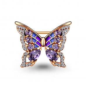 Брошь из золочёного серебра AQUAMARINE с фианитом, аметистом и эмалью А7267104А-п фото