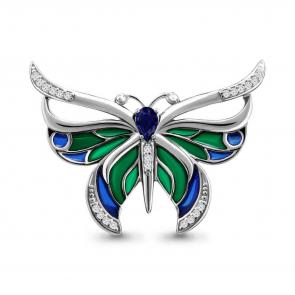 Серебряная брошь AQUAMARINE с витражной эмалью,фианитом и гидротермальным сапфиром А77303Б фото