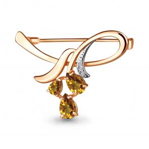 Брошь из золочёного серебра AQUAMARINE с фианитом и цитрином А7730606А-пк фото