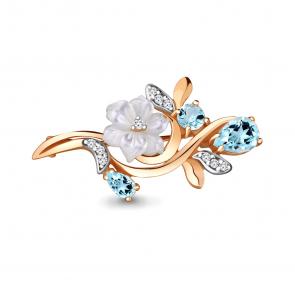 Брошь из золочёного серебра AQUAMARINE с топазом, фианитом и перламутром А7735402А-п фото