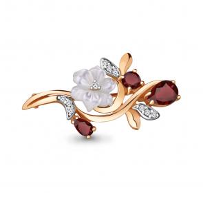 Брошь из золочёного серебра AQUAMARINE с фианитом, гранатом и перламутром А7735403А-п фото