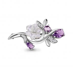 Серебряная брошь AQUAMARINE с фианитом, аметистом и перламутром А7735404А фото