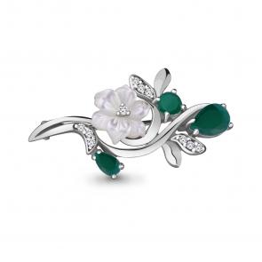 Серебряная брошь AQUAMARINE с фианитом, агатом и перламутром А7735409А фото