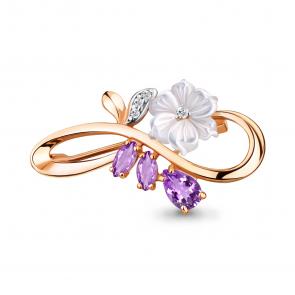 Брошь из золочёного серебра AQUAMARINE с фианитом, аметистом и перламутром А7735504А-пк фото